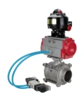 Кран шаровой DN.ru BV3232P(3pc)-FP-W-ISO-H WDVF Ду40 Ру40 полнопроходной, трехсоставной, корпус - нержавеющая сталь 316, уплотнение - PTFE, под приварку, с пневмоприводом PA-SA-105, пневмораспределителем 4V320-08 AC220V, БКВ APL-510N EX