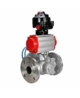 Кран шаровой DN.ru BV3232P(2pc)-FP-3WL-F-ISO-H Ду20 Ру16 HYMT, трехходовой L-тип, полнопроходной, фланцевый, корпус - нержавеющая сталь SS316, с пневмоприводом PA-DA-052, пневмораспределителем 4V320-08 AC220V и БКВ APL-510N EX