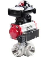 Кран шаровой DN.ru BV3232P(4pc)-SP-3WL-T-ISO-H Ду40 Ру63 стандартнопроходной трехходовой L-тип, нерж. сталь SS316, внутренняя резьба, уплотнение - PTFE, пн.приводом PA-DA-065, пн.распределителем 4M310-08 AC220V и БКВ APL-210N
