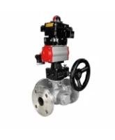 Кран шаровой DN.ru BV3232P(2pc)-FP-3WL-F-ISO-H Ду20 Ру16 HYMT трехходовой L-тип, полнопроходной, фланцевый, корпус - нерж.сталь AISI316, с пн.приводом PA-DA-052, пн.распределителем 4M320-08 AC220V, ручным дублером MON1-250-T26-ISO и БКВ APL-410N EX