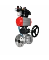 Кран шаровой DN.ru BV3232P(2pc)-FP-3WL-F-ISO-H Ду20 Ру16 HYMT, трехходовой L-тип, полнопроходной, фланцевый, нерж.сталь SS316, с пн.приводом PA-DA-052, пн.распредел 4V320-08 AC220V, ручн.дублером MON1-250-T26-ISO, БКВ APL-410N EX и БПВ AFC2000