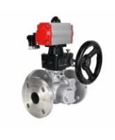Кран шаровой DN.ru BV3232P(2pc)-FP-3WL-F-ISO-H Ду20 Ру16 HYMT трехходовой L-тип, полнопроходной, фланцевый, корпус - нержавеющая сталь AISI316, с пневмоприводом PA-DA-052, пневмораспределителем 4M320-08 AC220V и ручным дублером MON1-250-T26-ISO