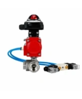 Кран шаровой DN.ru BV3232P(4pc)-SP-3WT-T-ISO-H WDVF Ду25 Ру63 стандартнопроходной, 3-ходовой Т-тип, внутренняя резьба, нержавеющая сталь AISI 316, PTFE, с пневмоприводом PA-DA-065, пневмораспределителем 4V320-08 AC220V и БКВ APL-210N