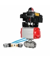 Кран шаровой DN.ru BV3232P(4pc)-SP-3WT-T-ISO-H WDVF Ду25 Ру63 стандартнопроходной, 3-ходовой Т-тип, внутренняя резьба, нержавеющая сталь AISI 316, PTFE, с пневмоприводом PA-DA-065, пневмораспределителем 4V320-08 AC220V и БКВ APL-410N EX