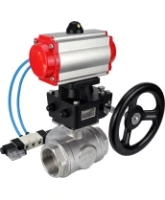 Кран шаровой DN.ru BV3232P(4pc)-SP-3WL-T-ISO-H Ду80 Ру40, стандартнопроходной, четырехсоставной, нержавеющая сталь 316, PTFE, внутренняя резьба, с пневмоприводом PA-DA-083, пневмораспределителем 4V320-08 AC220V, ручным дублером MON2-450-T28-ISO