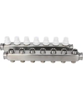 Коллекторная группа DN.ru GC3-31-7 1″ Ду25 Ру10 отводов — 7, в сборе с терморегулирующими клапанами и запорно-балансировочными клапанами, без переходников, корпус - нержавеющая сталь AISI 304