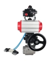 Кран шаровой DN.ru BV3232P(2pc)-FP-T-ISO-H Ду80 Ру40 полнопроходной, внутренняя резьба, нержавеющая сталь 316, уплотнение - PTFE, с пневмоприводом PA-DA-083, пневмораспределителем 4V320-10 AC220V, БКВ APL-410N EX, ручным дублером MON2-450-T28-ISO