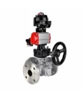 Кран шаровой DN.ru BV3232P(2pc)-FP-3WL-F-ISO-H Ду20 Ру16 HYMT трехходовой L-тип, полнопроходной, фланцевый, корпус - нерж.сталь AISI316, с пн.приводом PA-DA-052, пн.распределителем 4M320-08 AC220V, ручным дублером MON1-250-T26-ISO и БКВ APL-510N EX