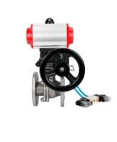 Кран шаровой DN.ru BV3232P(2pc)-FP-F-ISO-H WDVF Ду80 Ру16 полнопроходной, фланцевый, корпус - нержавеющая сталь 316, уплотнение - PTFE, с пневмоприводом PA-DA-105, пневмораспределителем 4V320-08 AC220V и ручным дублером MON2-450-T28-ISO