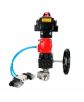 Кран шаровой DN.ru BV3232P(4pc)-SP-3WT-T-ISO-H WDVF Ду25 Ру63 стандартнопроходной, 3-ходовой Т-тип, внутренняя резьба, с пневмоприводом PA-DA-065, пневмораспределителем 4V320-08 AC220V, БКВ APL-410N EX и ручным дублером MON1-250-T26-ISO