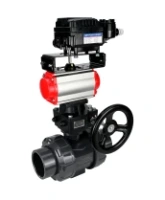 Кран шаровой DN.ru BV4242E-FP-GRM-ISO Дн50 Ру10 полнопроходной, корпус - НПВХ, шар - НПВХ, уплотнение - EPDM, с пневмоприводом PA-DA-052, ручным дублером MON1-250-T26-ISO и пневмопозиционером YT-1000RSN без обратной связи