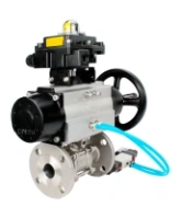 Кран шаровой DN.ru BV3131P(3pc)-FP-F-ISO-H Ду100 Ру16 полнопроходной трехсоставной, фланцевый, нержавеющая сталь 304, уплотнение - PTFE, 22х22, F10, WDVF, с пневмоприводом DN.ru PA-DA-105-1, пневмораспределителем 4V320-08 AC220V и БКВ APL-410N EX