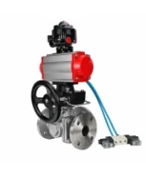 Кран шаровой DN.ru BV3232P(2pc)-FP-3WL-F-ISO-H Ду20 Ру16 HYMT, трехходовой L-тип, полнопроходной, фланцевый, нержав.сталь SS316, с пневмоприводом PA-DA-052, пневмораспределителем 4V320-08 AC220V, ручным дублером MON1-250-T26-ISO и БКВ APL-510N EX