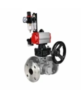 Кран шаровой DN.ru BV3232P(2pc)-FP-3WL-F-ISO-H Ду20 Ру16 HYMT трехходовой L-тип, полнопроходной, фланцевый, корпус - нерж.сталь AISI316, с пневмоприводом PA-DA-052, пн.распределителем 4M320-08 AC220V, ручным дублером MON1-250-T26-ISO и БПВ AFC2000