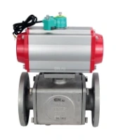 Кран шаровой DN.ru BV3232P(4pc)-FP-3WL-F-ISO-H Ду100 Ру16 полнопроходной трехходовой L-тип, фланцевый, корпус - нержавеющая сталь SS316, уплотнение - PTFE, с пневмоприводом PA-DA-105 и магнитным переключателем ALS200D