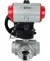 Кран шаровой DN.ru BV3232P(4pc)-SP-3WL-T-ISO-H Ду80 Ру40 стандартнопроходной трехходовой L-тип, нерж. сталь SS316, внутренняя резьба, уплотнение - PTFE, с пневмоприводом PA-DA-083 и ручным дублером MON2-450-T28-ISO