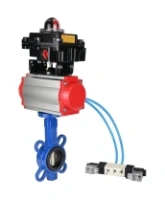 Затвор дисковый поворотный DN.ru WBV1413E-2W-Fb-H Ду100 Ру16, корпус - чугун GGG50, диск - чугун GGG40, уплотнение - EPDM, с пневмоприводом DN.ru PA-DA-083 двойного действия, с пневмораспределителем 4V320-08 AC220V, с БКВ APL-410N EX