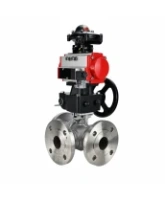 Кран шаровой DN.ru BV3232P(2pc)-FP-3WL-F-ISO-H Ду20 Ру16 HYMT, трехходовой L-тип, полнопроходной, фланцевый, корпус - нержав.сталь SS316, с пневмоприводом PA-DA-052, пн.распределителем 4M310-08 AC220V, ручным дублером MON1-250-T26-ISO и БКВ APL-210N
