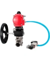 Кран шаровой DN.ru BV3232P(3pc)-FP-W-ISO-H LONG Ду80 Ру25 полнопроходной, корпус - нержавеющая сталь 316, уплотнение - PTFE, под приварку, с пневмоприводом PA-DA-083, пневмораспределителем 4V320-08 AC220V и редуктором MON2-450-T28-ISO
