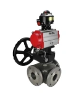 Кран шаровой DN.ru BV3232P(4pc)-FP-3WL-F Ду65 Ру16 полнопроходной трехходовой, фланцевый, корпус - нержавеющая сталь SS316, с пневмоприводом DN.ru PA-DA-083 двойного действия, БКВ APL-510N EX и ручным дублером MON2-450-T28-ISO