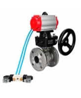 Кран шаровой DN.ru BV3232P(2pc)-FP-F-ISO-H WDVF Ду80 Ру16 полнопроходной, фланцевый, корпус - нержавеющая сталь 316, уплотнение - PTFE, с пневмоприводом PA-DA-105, пневмораспределителем 4V320-08 AC220V и ручным дублером MON2-450-T28-ISO