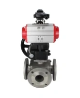 Кран шаровой DN.ru BV3232P(4pc)-FP-3WL-F Ду65 Ру16 полнопроходной трехходовой, фланцевый, корпус - нержавеющая сталь SS316, с пневмоприводом DN.ru PA-DA-083 двойного действия, БКВ APL-210N и ручным дублером MON2-450-T28-ISO