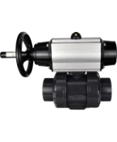 Кран шаровой DN.ru BV4242E-FP-GRM-ISO Дн50 Ру10 полнопроходной, корпус - НПВХ, шар - НПВХ, уплотнение - EPDM, с пневмоприводом PA-DA-105-1 двойного действия со штурвалом