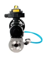 Кран шаровой DN.ru BV3131P(3pc)-FP-F-ISO-H Ду100 Ру16 полнопроходной трехсоставной, фланцевый, нержавеющая сталь 304, уплотнение - PTFE, 22х22, F10, WDVF, с пневмоприводом DN.ru PA-DA-105-1, пневмораспределителем 4V320-08 AC220V и БКВ APL-410N EX