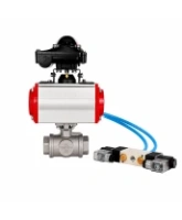 Кран шаровой DN.ru BV3232P(4pc)-SP-3WT-T-ISO-H WDVF Ду25 Ру63 стандартнопроходной, 3-ходовой Т-тип, внутренняя резьба, нержавеющая сталь AISI 316, PTFE, с пневмоприводом PA-DA-065, пневмораспределителем 4V320-08 AC220V и БКВ APL-210N