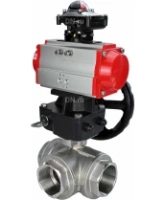 Кран шаровой DN.ru BV3232P(4pc)-SP-3WL-T-ISO-H Ду80 Ру40 стандартнопроходной трехходовой L-тип, нерж. сталь SS316, внутренняя резьба, уплотнение - PTFE, с пневмоприводом PA-DA-083, БКВ APL-210N и ручным дублером MON2-450-T28-ISO