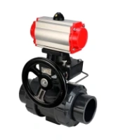 Кран шаровой DN.ru BV4242E-FP-GRM-ISO Дн50 Ру10 полнопроходной, корпус - НПВХ, шар - НПВХ, уплотнение - EPDM, с пневмоприводом PA-DA-052, пневмораспределителем 4M310-08 AC220V и ручным дублером MON1-250-T26-ISO