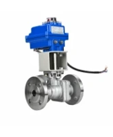 Кран шаровой DN.ru BV3232P(2pc)-FP-3WL-F-ISO-H Ду20 Ру16 HYMT, трехходовой L-тип, полнопроходной, фланцевый, корпус - нержавеющая сталь SS316, с электроприводом QT-N-003EM-O1-220VAC-У1 blue