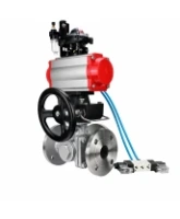 Кран шаровой DN.ru BV3232P(2pc)-FP-3WL-F-ISO-H Ду20 Ру16 HYMT, трехходовой L-тип, полнопроходной, фланцевый, нерж.сталь SS316, с пн.приводом PA-DA-052, пн.распределителем 4V320-08 AC220V, ручн.дублером MON1-250-T26-ISO, БКВ APL-210N и БПВ AFC2000