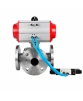 Кран шаровой DN.ru BV3232P(2pc)-FP-3WL-F-ISO-H Ду20 Ру16 HYMT, трехходовой L-тип, полнопроходной, фланцевый, корпус - нержавеющая сталь SS316, с пневмоприводом PA-DA-052 и пневмораспределителем 4V320-08 AC220V