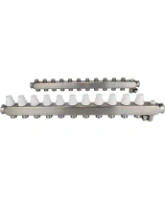 Коллекторная группа DN.ru GC4-31-11 1″ Ду25 Ру10 отводов — 11, в сборе с терморегулирующими клапанами и запорно-балансировочными клапанами, дренажным краном и воздухоотводчиком, с заглушками, без переходников, корпус - нержавеющая сталь AISI 304