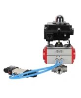 Кран шаровой DN.ru BV3232P(4pc)-SP-3WL-T-ISO-H Ду15 Ру63, стандартнопроходной, четырехсоставной, корпус - нержавеющая сталь 316, уплотнение - PTFE, внутренняя резьба, с пневмоприводом PA-DA-052, пневмораспределителем 4V320-08 AC220V, БКВ APL-410N Ex