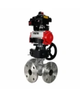 Кран шаровой DN.ru BV3232P(2pc)-FP-3WL-F-ISO-H Ду20 Ру16 HYMT, трехходовой L-тип, полнопроходной, фланцевый, корпус - нержав.сталь SS316, с пн.приводом PA-DA-052, пн.распределителем 4M310-08 AC220V, ручным дублером MON1-250-T26-ISO и БКВ APL-410N EX