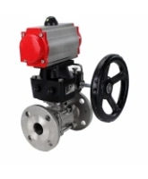 Кран шаровой DN.ru BV3131P(3pc)-FP-F-ISO-H Ду15 Ру40 трехсоставной из нержавеющей стали SS304, фланцевый, уплотнение - PTFE, полнопроходной с пневмоприводом DN.ru PA-DA-052 и ручным дублером MON1-250-T26-ISO