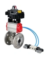 Кран шаровой DN.ru BV3232P(2pc)-FP-F-ISO-H Ду80 Ру16, полнопроходной фланцевый, нержавеющая сталь SS316, уплотнение - PTFE, с пневмоприводом PA-SA-130 с возвратными пружинами, с пневмораспределителем 4V320-08 AC220V, с БКВ APL-410N EX