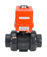 Кран шаровой DN.ru BV4242E-FP-GRM-ISO Дн50 Ру10 полнопроходной, клеевой с разборным муфтовым соединением, корпус - НПВХ, шар - НПВХ, уплотнение - EPDM, с электроприводом DN.ru QT-N-003EM-O1-220VAC-У1 MINI