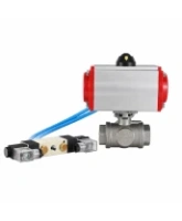 Кран шаровой DN.ru BV3232P(4pc)-SP-3WT-T-ISO-H WDVF Ду25 Ру63 стандартнопроходной, 3-ходовой Т-тип, внутренняя резьба, корпус - нержавеющая сталь AISI 316, уплотнение - PTFE, с пневмоприводом PA-DA-065 и пневмораспределителем 4V320-08 AC220V