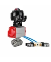 Кран шаровой DN.ru BV3232P(4pc)-SP-3WT-T-ISO-H WDVF Ду25 Ру63 стандартнопроходной, 3-ходовой Т-тип, внутренняя резьба, нержавеющая сталь AISI 316, PTFE, с пневмоприводом PA-DA-065, пневмораспределителем 4V320-08 AC220V и БКВ APL-510N EX