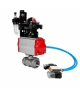 Кран шаровой DN.ru BV3232P(4pc)-SP-3WT-T-ISO-H WDVF Ду25 Ру63 стандартнопроходной, 3-ходовой Т-тип, внутренняя резьба, нержавеющая сталь AISI 316, PTFE, с пневмоприводом PA-DA-065, пневмораспределителем 4V320-08 AC220V, БКВ APL-210N и БПВ AFC2000