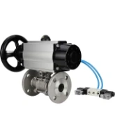 Кран шаровой DN.ru BV3131P(3pc)-FP-F-ISO-H Ду100 Ру16 полнопроходной трехсоставной, фланцевый, нержавеющая сталь 304, уплотнение - PTFE, 22х22, F10, WDVF, с пневмоприводом DN.ru PA-DA-105-1 и пневмораспределителем 4V320-08 AC220V