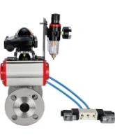Кран шаровой DN.ru BV3131P(3pc)-FP-F-ISO-H Ду15 Ру40, трехсоставной полнопроходной фланцевый, нержавеющая сталь SS304, PTFE, с пневмоприводом PA-DA-052 двойного действия, с пневмораспределителем 4V320-08 AC220V, с БКВ APL-210N, с БПВ AFC2000