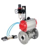 Кран шаровой DN.ru BV3131P(3pc)-FP-F-ISO-H Ду15 Ру40, трехсоставной полнопроходной фланцевый, нержавеющая сталь SS304, уплотнение - PTFE, с пневмоприводом PA-DA-052 двойного действия, с пневмораспределителем 4V320-08 AC220V, с БПВ AFC2000