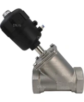 Клапан отсечной пневматический DN.ru VSP3241P-T-1PNC 4″ Ду100 Ру25, корпус - нержавеющая сталь SS316, резьбовой, Y-образный, корпус привода - пластик