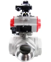 Кран шаровой DN.ru BV3232P(4pc)-SP-3WL-T-ISO-H Ду100 Ру40 стандартнопроходной трехходовой L-тип, нерж. сталь SS316, внутренняя резьба, уплотнение - PTFE, пн.приводом PA-DA-083, пн.распределителем 4M310-08 AC220V и БКВ APL-210N
