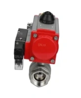 Кран шаровой DN.ru BV3232P(2pc)-FP-T-ISO-H Ду80 Ру40 полнопроходной двухходовой, нержавеющая сталь 316, внутренняя резьба, уплотнение - PTFE, с пневмоприводом PA-SA-130 с возвратными пружинами и пневмораспределителем 4M310-08 220В