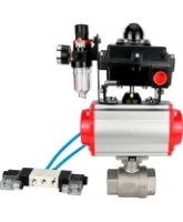 Кран шаровой DN.ru BV3232P(2pc)-FP-T-ISO-H Ду80 Ру40, полнопроходной внутреннняя резьба, нержавеющая сталь SS316, PTFE, с пневмоприводом PA-SA-130 с возвратными пружинами, с пневмораспределителем 4V320-08 AC220V, с БКВ APL-410N EX, с БПВ AFC2000